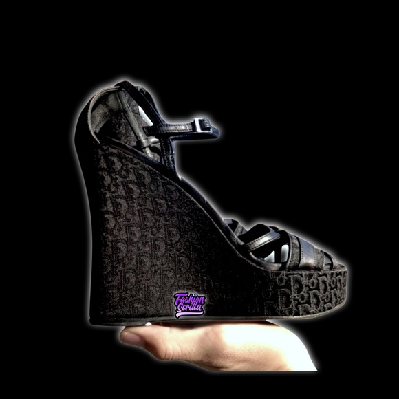 DIOR Black Diorissimo Oblique Monogram Trotter Logo Platform Sandal Wedge Heels - Picture 13 of 13